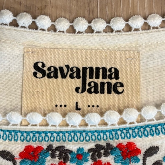 Savanna Jane Floral Embroidered Short Sleeve Rayon Top Size Large Cream Teal Red - Picture 6 of 8
